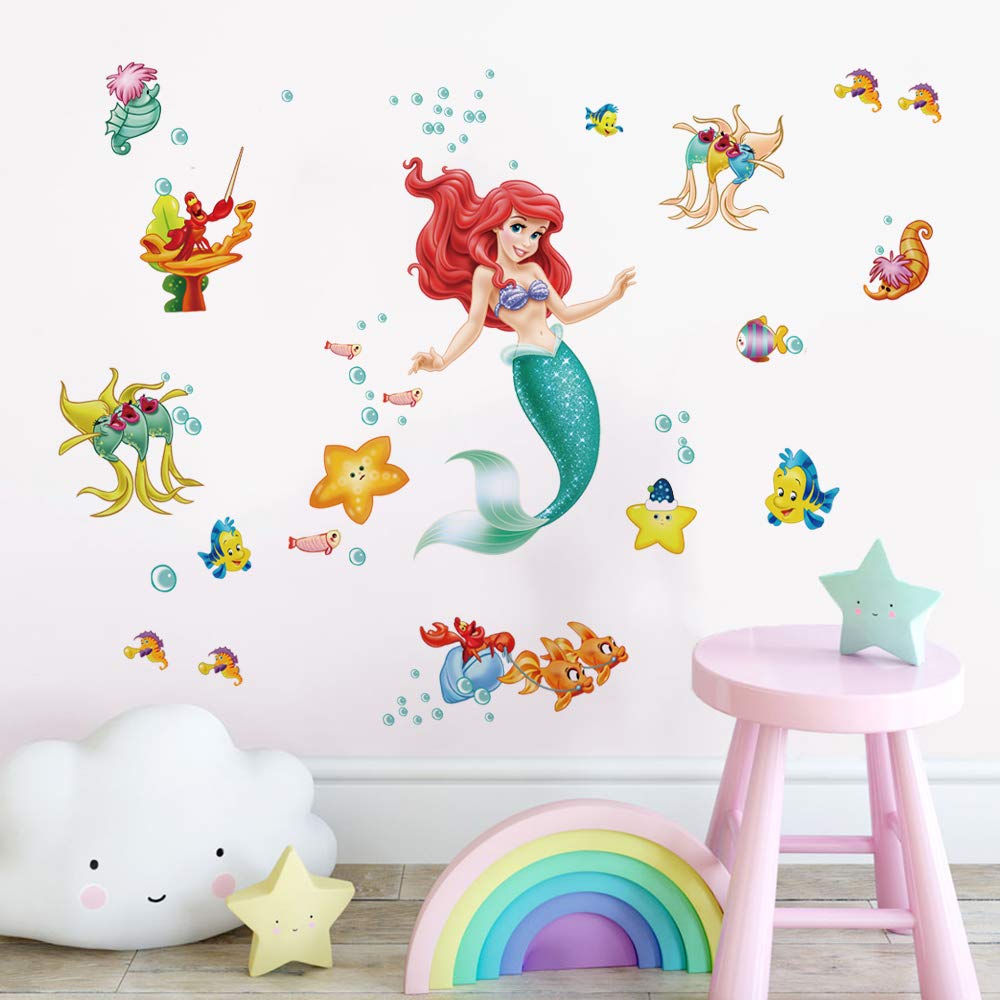Runtoo Pegatinas de Pared Sirena Ariel Stickers Adhesivos Vinilo Princesa Peces Decorativas Baño Infantiles Habitacion Bebe