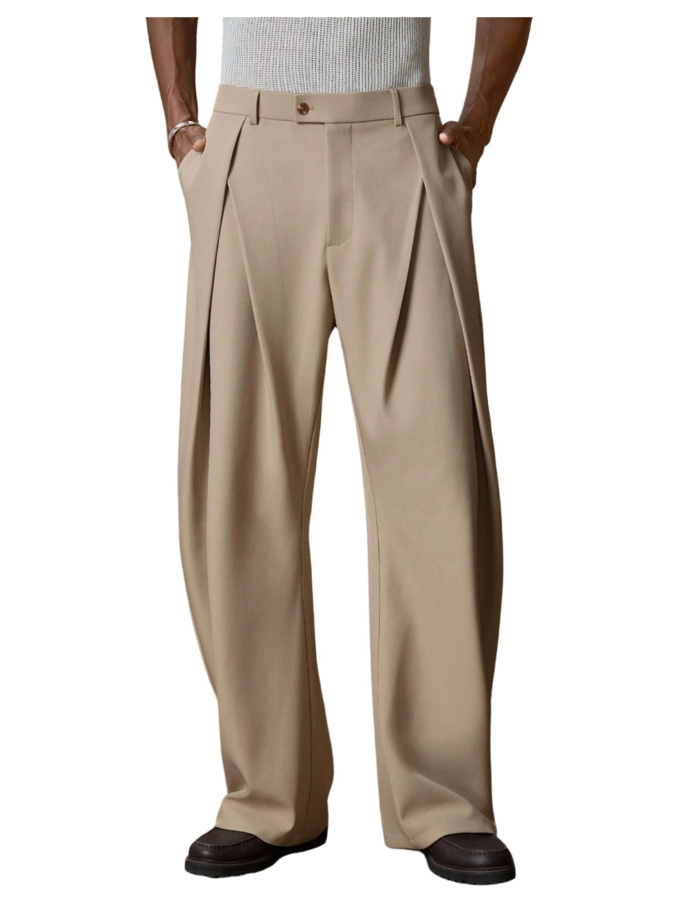 OYOANGLE Mens Pleated Dress Pants Zipper Fly Work Office Slacks Straight Leg Trousers with Pocket
