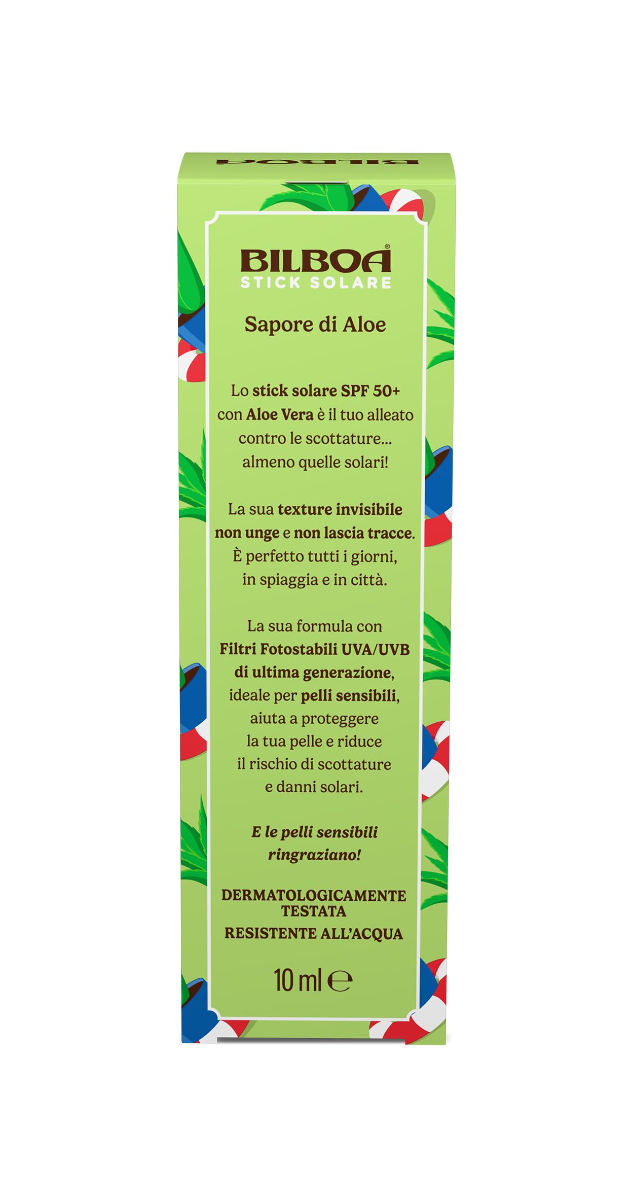 Bilboa, Sapore di Aloe, Stick Solare SPF 50+, Protezione Solare per Zone Delicate del Corpo e Pelli Sensibili, Profumo di Aloe Vera, Resistente all’Acqua, Formato Viaggio, 20 ml