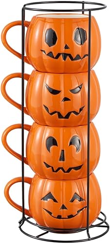 Juego de tazas apilables de gres de calabaza naranja de Halloween de 13 onzas con estante de hierro, tazas de café lindas y espeluznantes