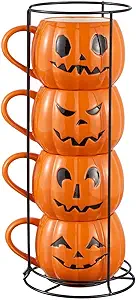 13-Ounce Halloween Orange Pumpkin Stoneware Stackable Mug Set with Iron Rack, Cute and Spooky Coffe Mugs