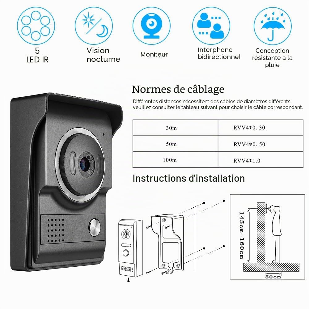 Sonnette de Porte Vidéo Filaire 7" Moniteur Vidéo - Kit Caméra HD-Soutien de Déverrouillage - Interphone Bidirectionnel pour Villa,Maison,Bureau,Appartement