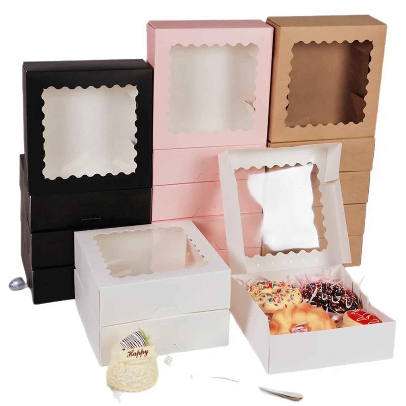 Caja Tarta de Cartón Con Ventana Transparente Caja de papel Kraft blanco for pastel, transparente con ventana, embalaje for almacenamiento rosquillas Chocolate, 10 Uds(Black)