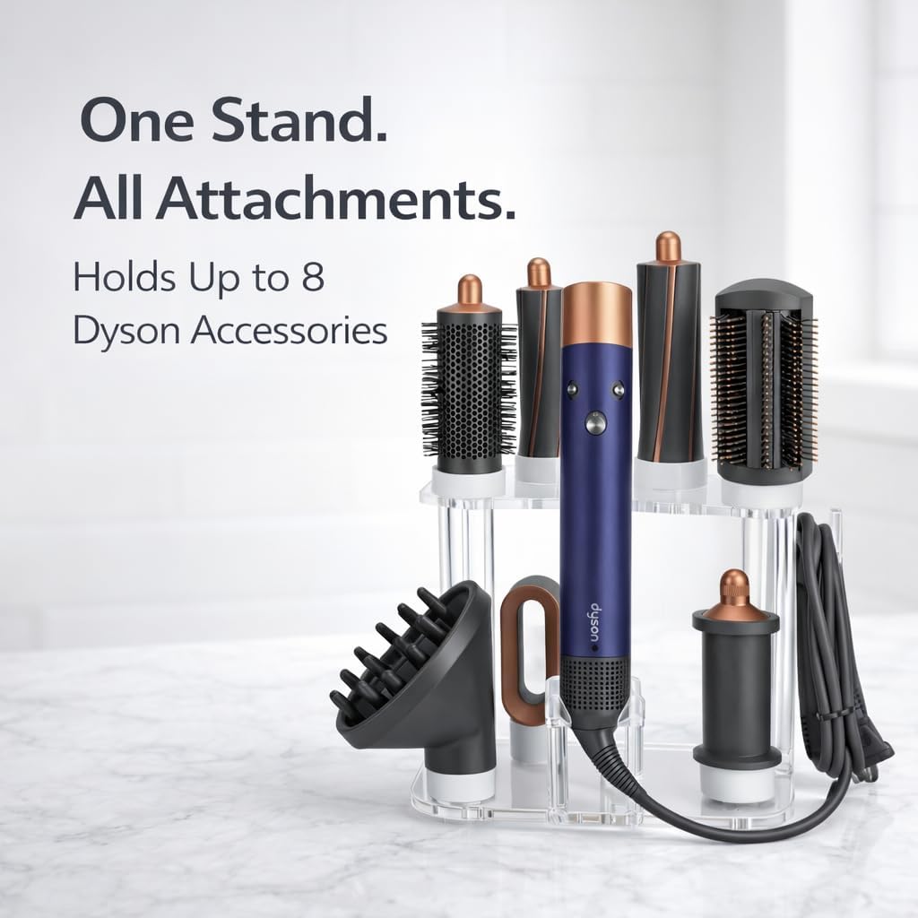 Storage Holder for Dyson Airwrap Organizer with 8 Slots, Clear Acrylic Wall Mount Or Freestanding Stand Fits Shark Hair Dryer Holder, Silicone Pads for Bathroom Vanity Countertop