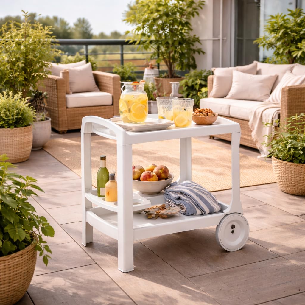 Carrello Multiuso in Plastica Bianco con Ripiani Portavivande Portabottiglie per Cucina Casa Esterno