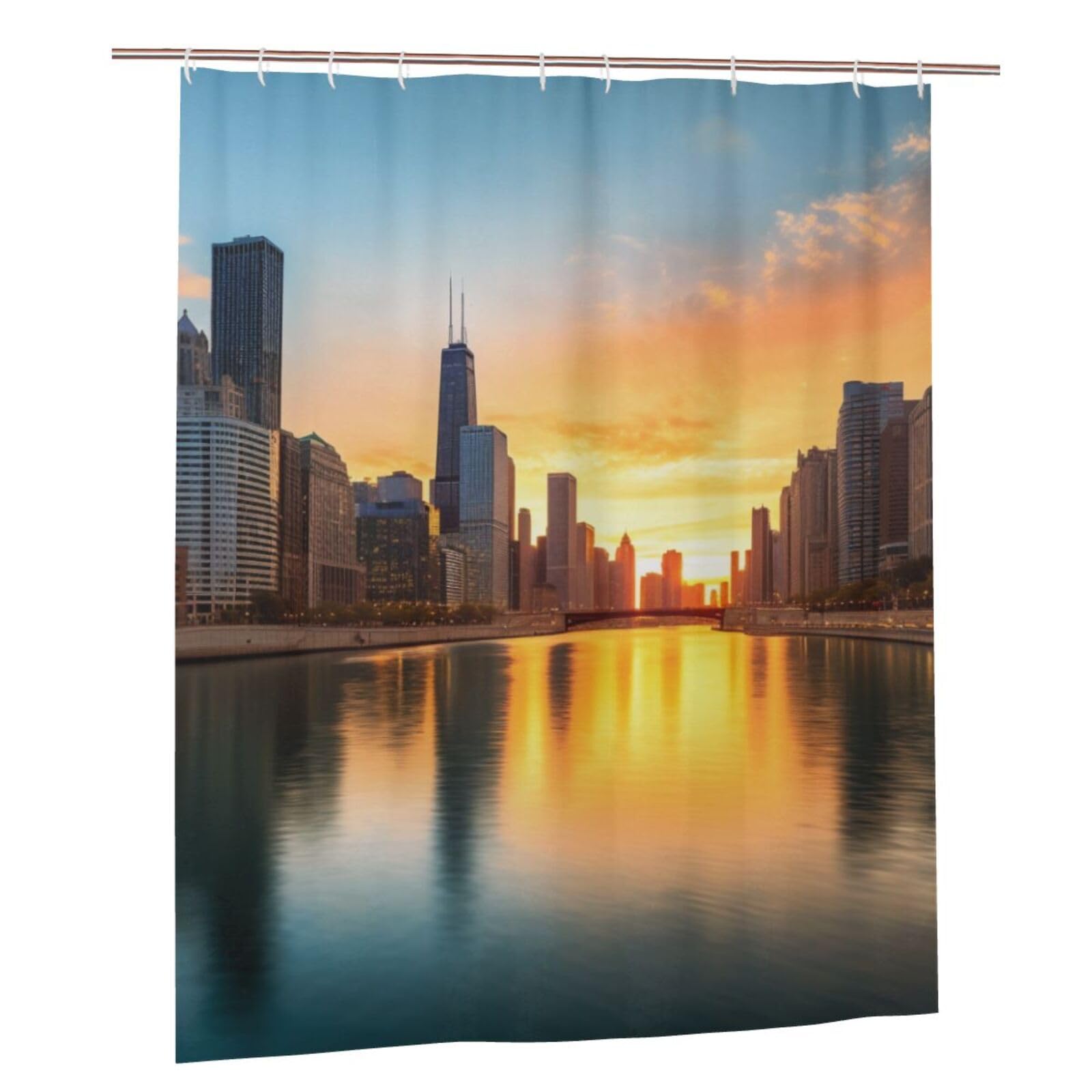 BWWHCCTI Chicago Downtown Sunset Printed Shower Curtain With 12 Plastic Hooks Opaque Quick Drying Waterproof Shower Curtains Sets For Bathroom 152x183 Cm