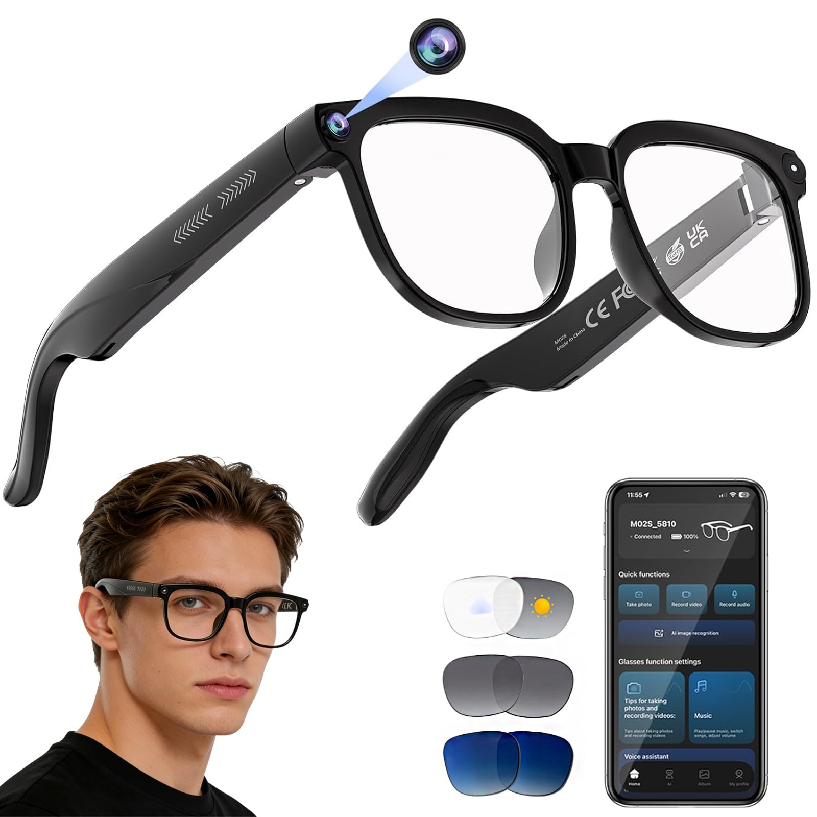 Smart Brille mit 4K HD Kamera und Bluetooth, Echtzeitübersetzung, Musik & Freisprechanrufe, Photochrome Linsen, UV & Blaulichtschutz für Damen & Herren