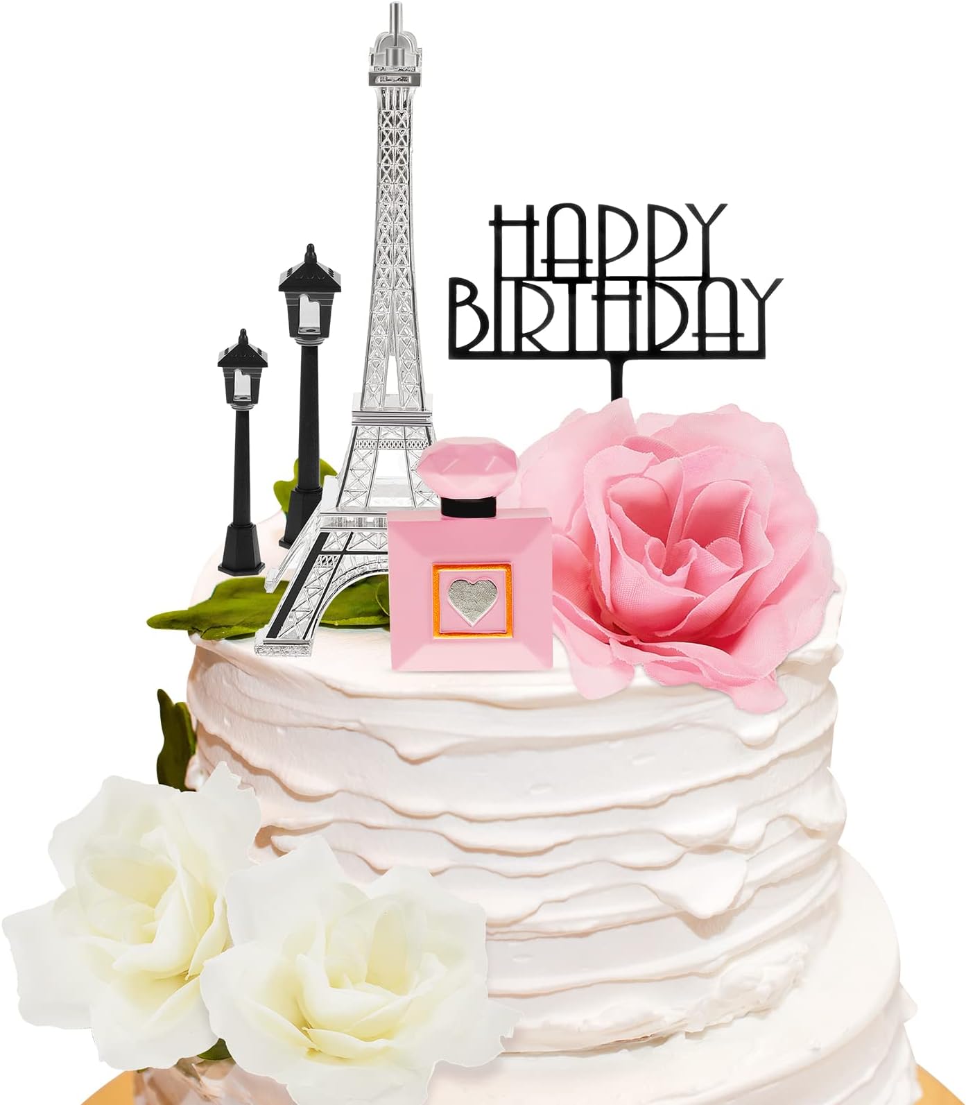8 Pcs Paris Cake Topper Eiffel Tower Cake Topper with Happy Birthday Street Lamp Rose 7 Inch Eiffel Tower Party Decoration for Birthday Celebration Gift(Multicolored)