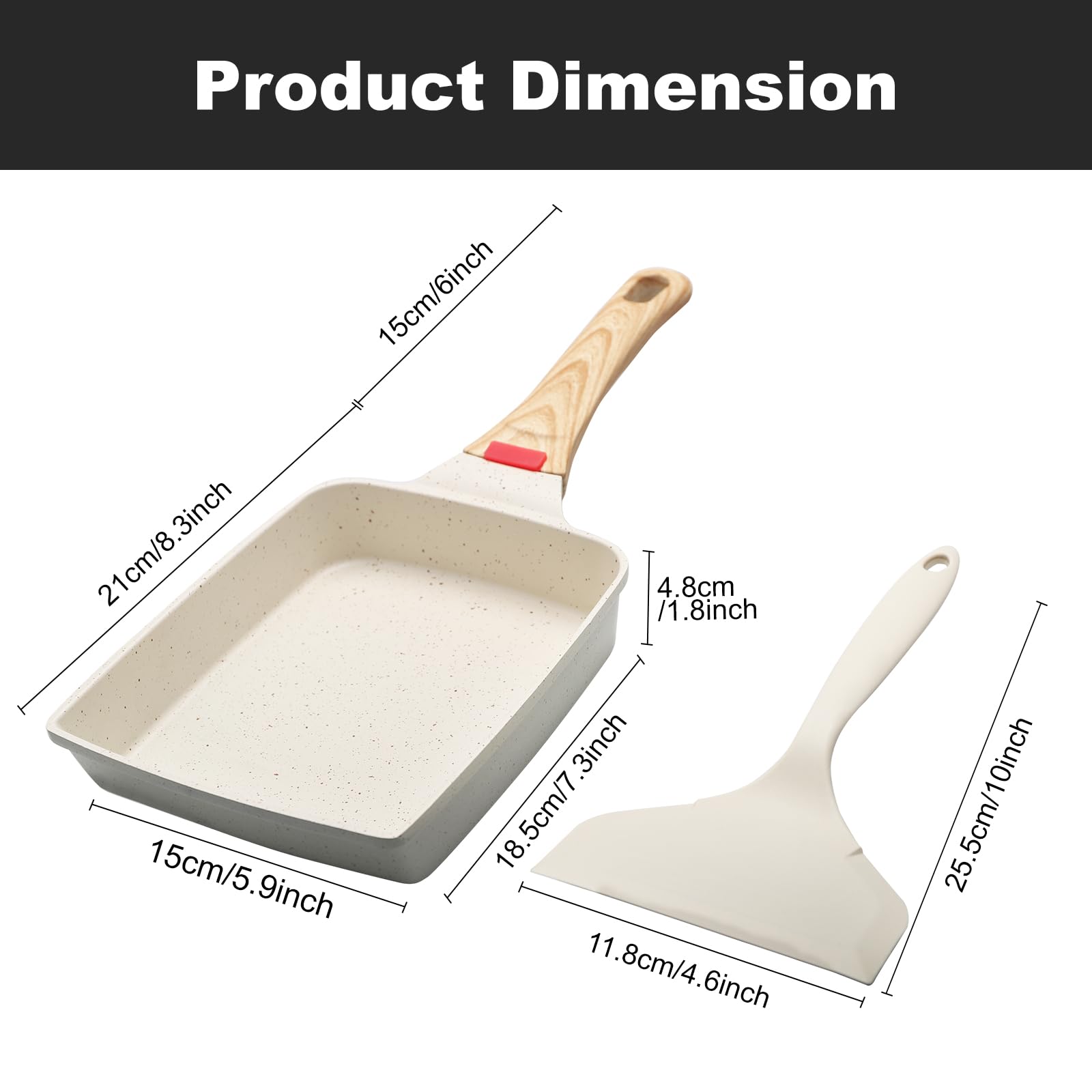 Poêle à Tamagoyaki en Aluminium Antiadhésive - Poêle à Omelette Japonaise Rectangulaire avec Revêtement et Poignée Amovible - Poêle à Frire avec Spatule en Silicone (Beige, 18.5x15 cm)