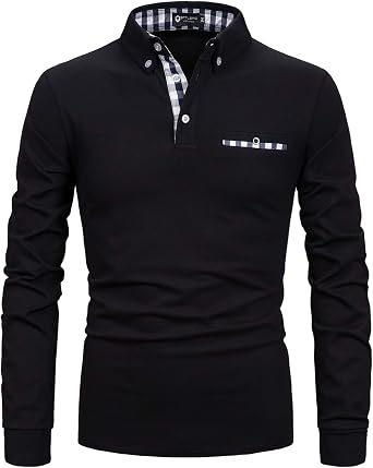 STTLZMC Mens Long Sleeve Polo Shirts Casual Fit Plaid Collar Cotton Golf T-Shirts