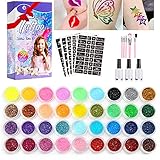 【Auf der ganzen Party glänzen】 Mit einem 36-Farben-glitzer tattoo set gibt es 160 einzigartige Tattoo-Aufkleber. Sie können verschiedene Glitzerfarben mischen und testen, um Gesicht, Wangen, Arme und Handstil individuell zu gestalten. Lass dich zum Protagonisten des Funkelns werden.
