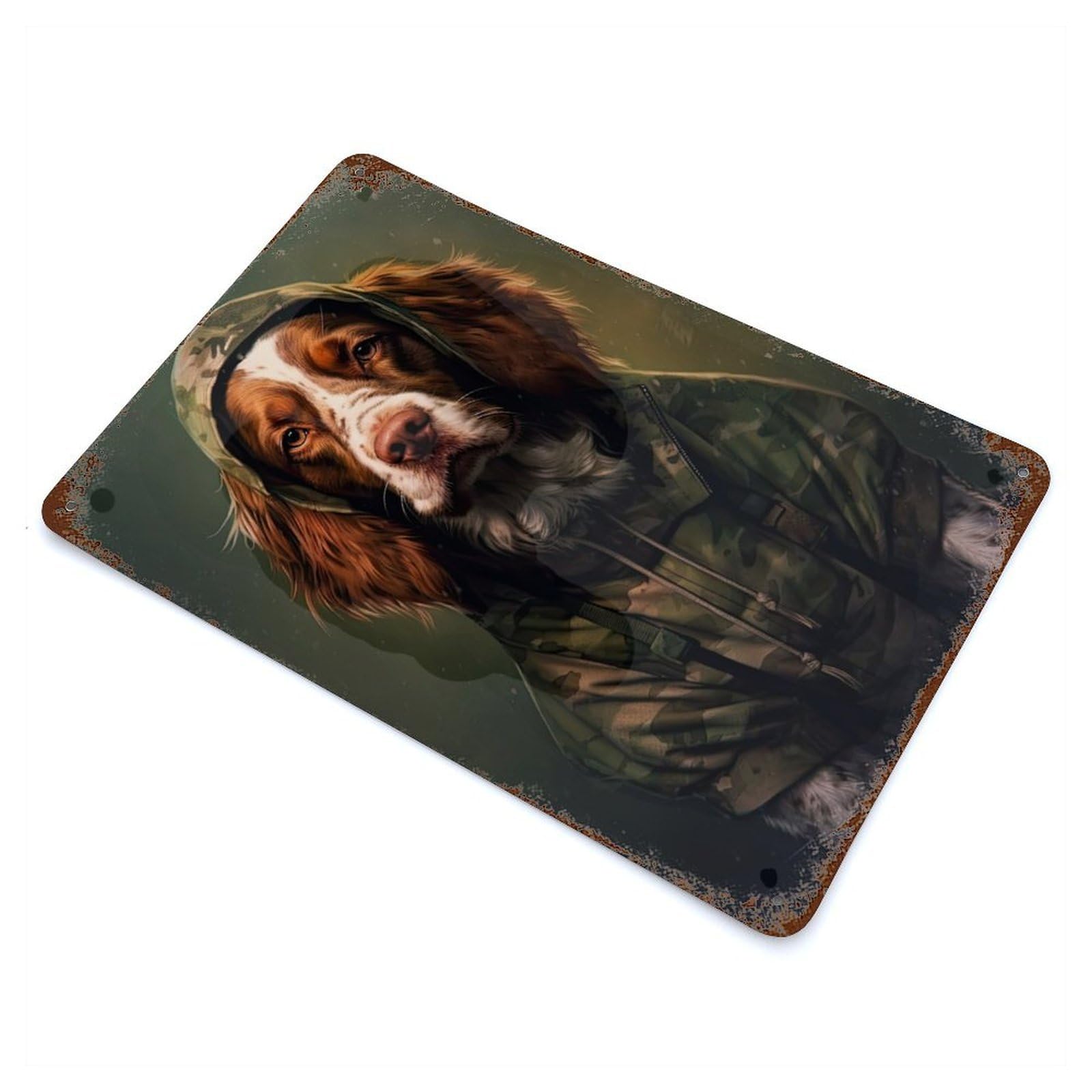 Garage Style Brittany Spaniel Camo Vintage Rust Metal Sign 11.8"x7.9", Retro Wall Decor for Bar And Workshop