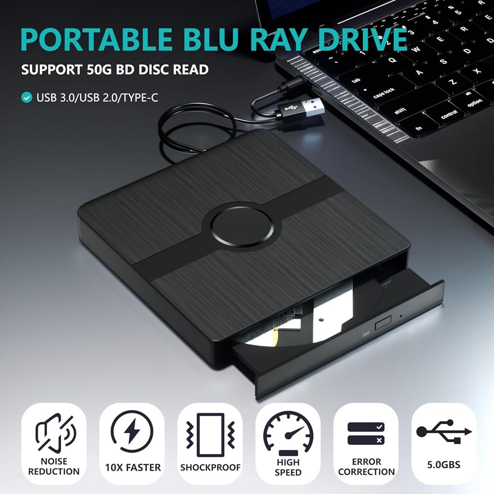 Unidad Blu Ray externa, reproductor de CD/DVD con capacidad de lectura/escritura, reproductor Blu-Ray portátil para PC portátil Win10