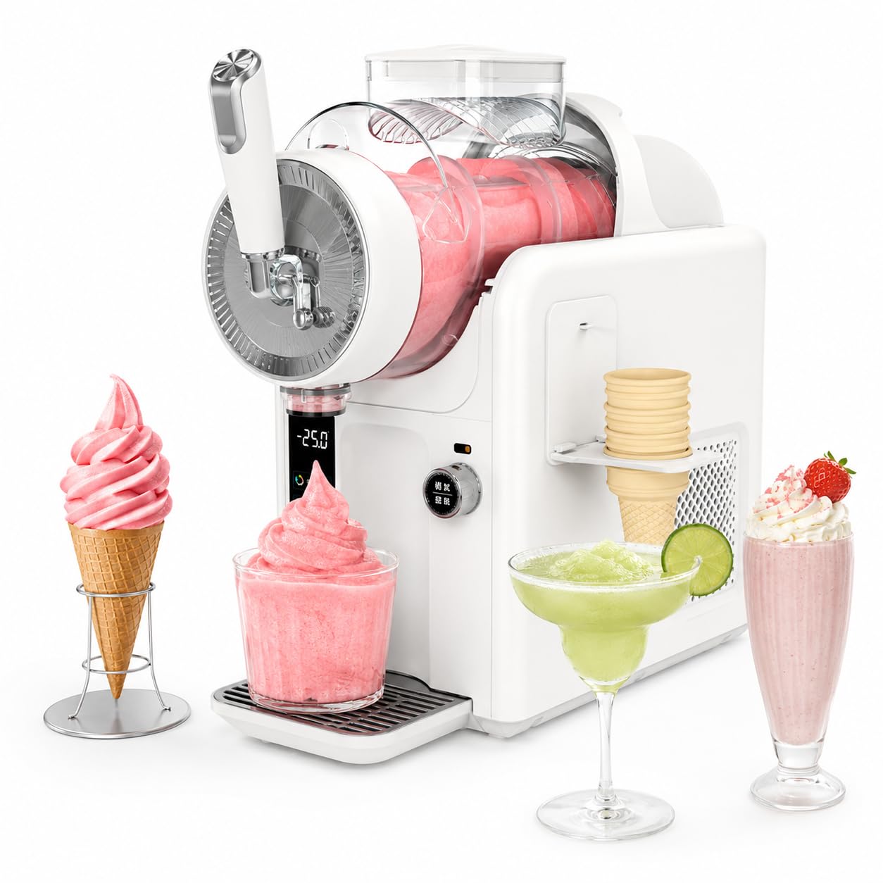 HCAUYNN Ice Cream Machine Slushie Machine for Home, Slush Maker No Ice Needed, Self Cleaning Soft Serve Ice Cream Maker with 5 Preset Modes, LED Display for Milkshake, Smoothie & Party Drinks White