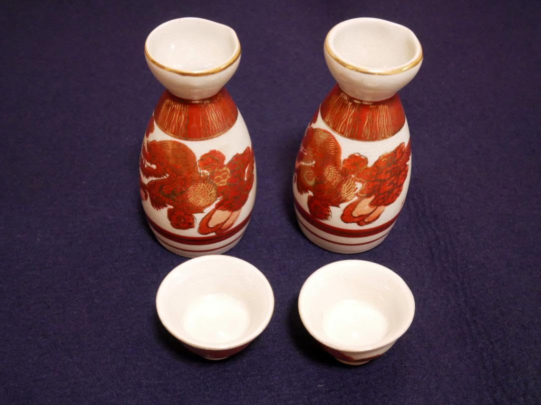 Tokkuri to Choko Sake Set Kutani Grilled Red Painting Lucky Dragon