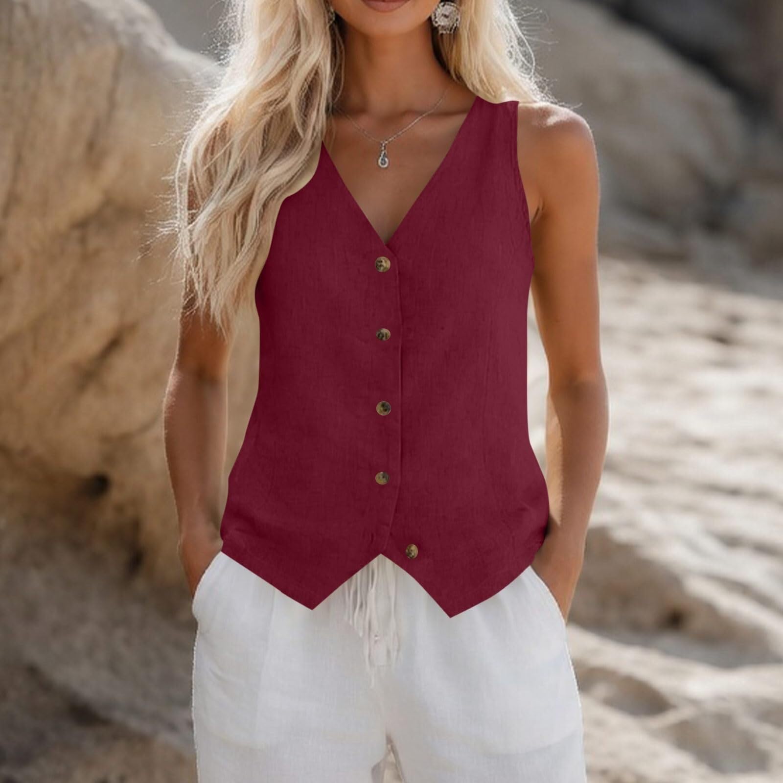 Canotta da donna in lino, senza maniche, scollo a V, leggera, estiva, in cotone | Canotta leggera in lino con scollo a V e senza maniche, in misto cotone, elegante e traspirante, ideale
