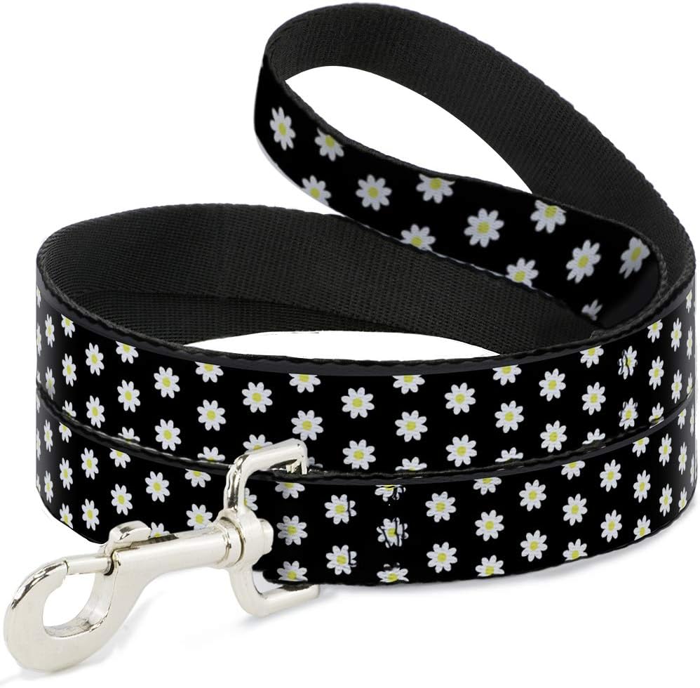 Buckle-Down Dog Leash Daisies Scattered Black White Yellow 6 Feet Long 1.0 Inch Wide
