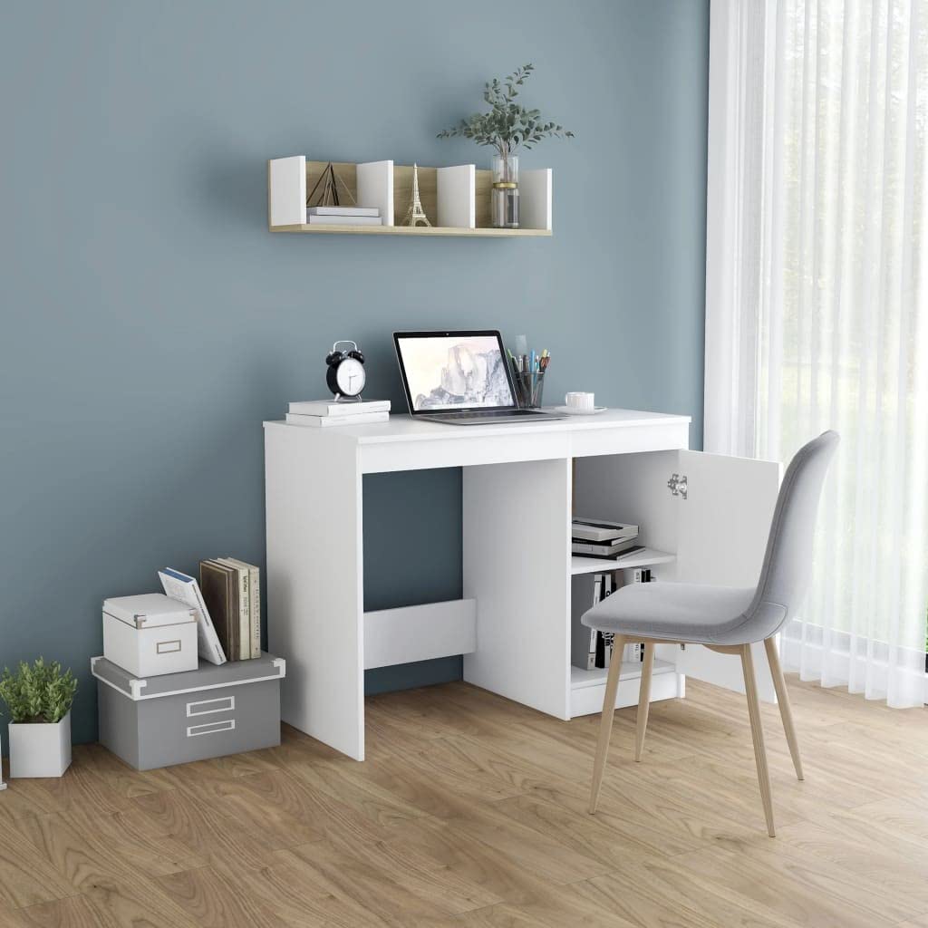 Scrivania bianca in legno 100 × 50 × 76 cm con armadio, per studio, ufficio, camera dei ragazzi, casa, organizzazione, mensola per giochi, postazione di lavoro