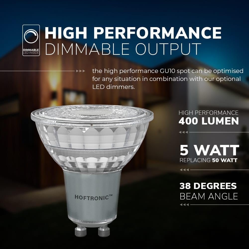 HOFTRONIC - Confezione risparmio da 25 faretti LED GU10 - 4000 K bianco neutro - 5 Watt 400 lumen (sostituisce 50 W) - Dimmerabile - Faretto LED