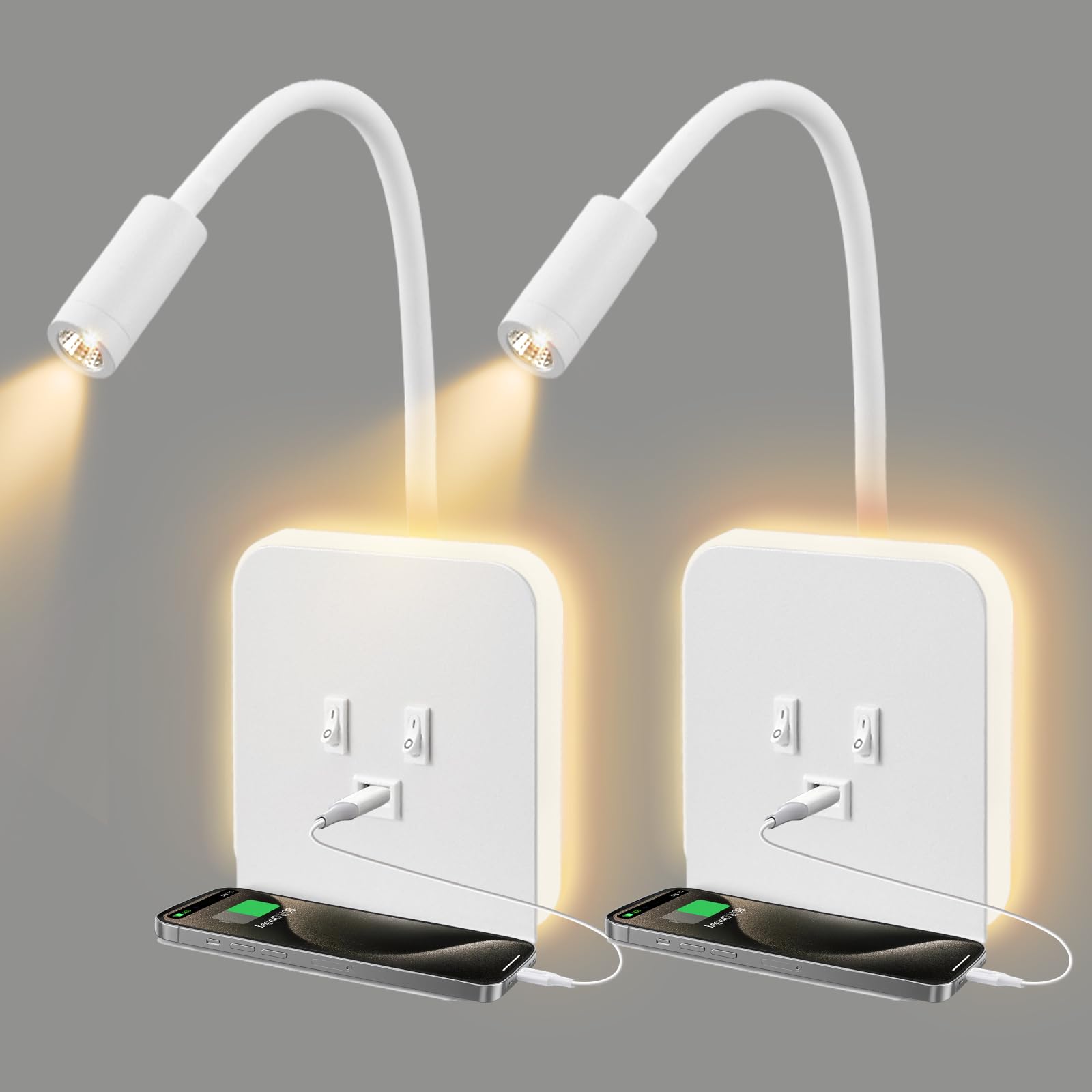 2pcs Lampada da Parete a LED, Lampada da Comodino a Collo di Cigno, Lampada da Lettura Regolabile da Comodino, Luce da Lettura 3 in 1 con Porta di Ricarica USB, Supporto per Cellulare(Bianco)