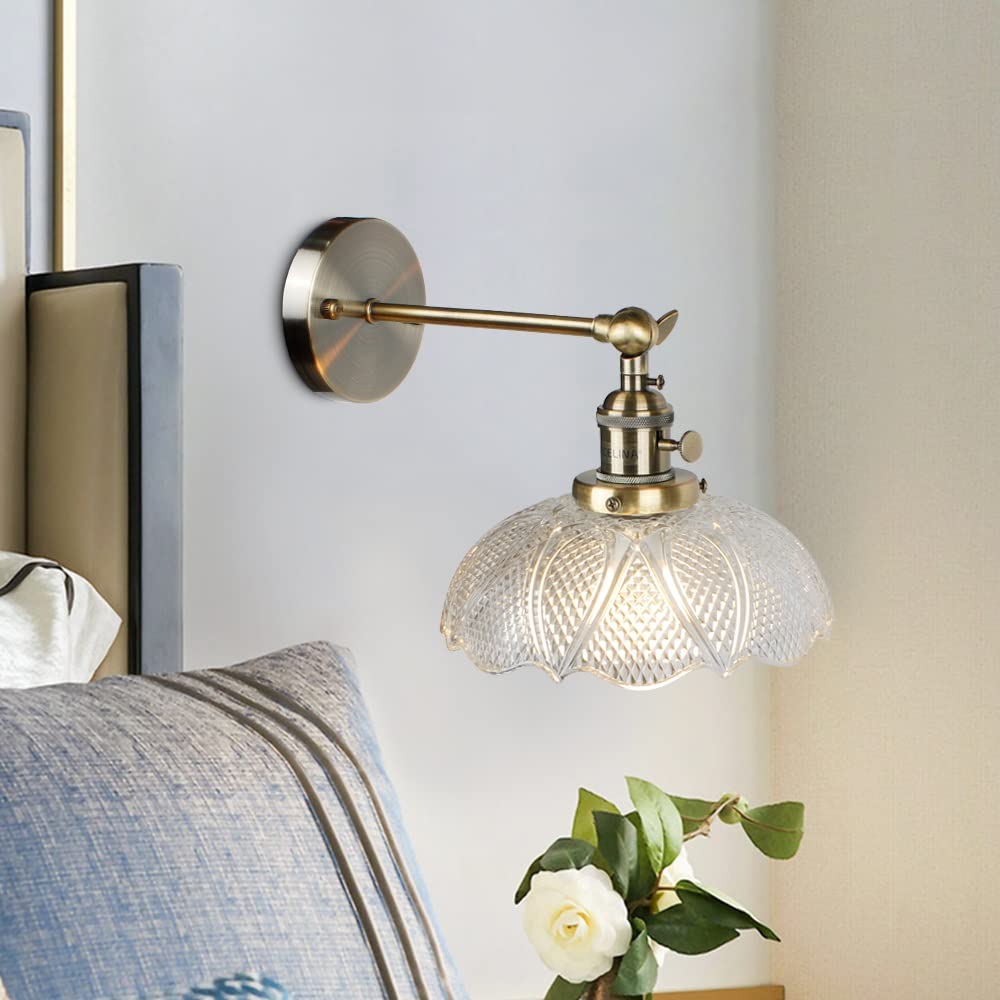 ASerZenith Modern Transparent Wall Sconce Lighting - Wall Lamp Copper Wall Lights Clear Lampshade Retro Compatible With Bedroom