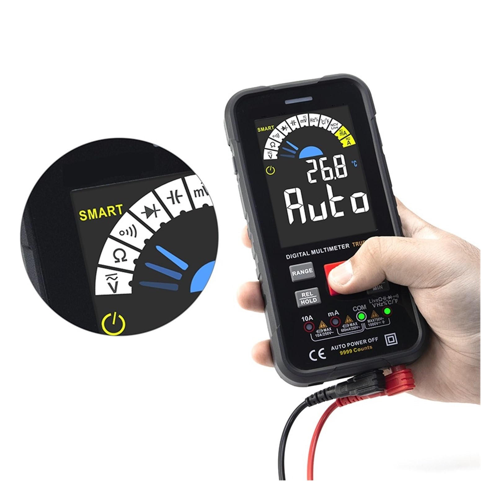 Inteligentny Multimetr 9999 Liczy TRUE Cyfrowy Smart Auto Zakres 1000V 10A Miernik Testowy Ohm Pojemność REL True AC DC DMM Szybko Dokładnie Łatwy Odczyt(Black)