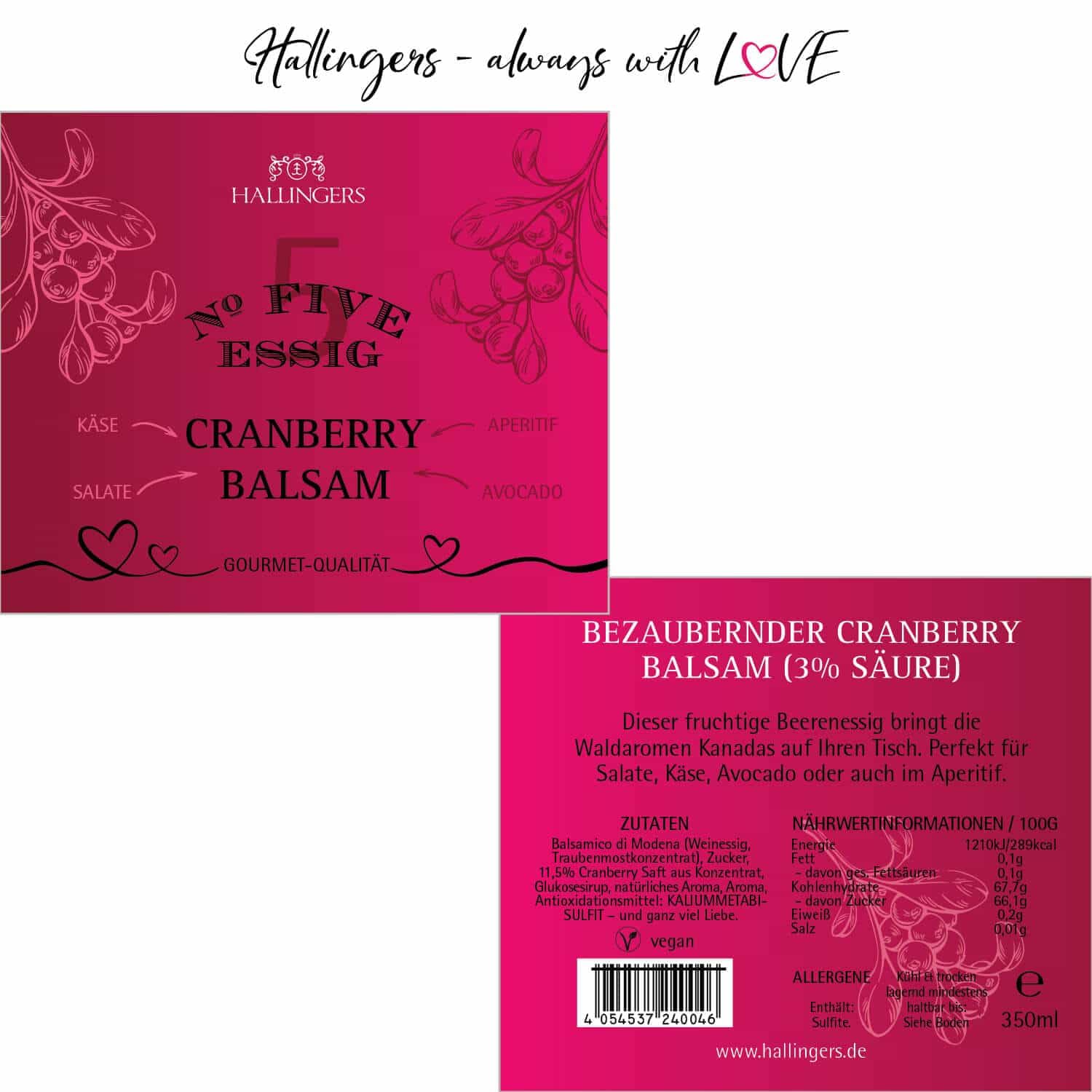 Hallingers Genuss Manufaktur Gourmet-Essig Geschenk - für Salate, Getränke & Speisen in wertiger Geschenkflasche "No. 5" 3% Säure Cranberry-Balsam, Geschenkidee für Frauen Männer