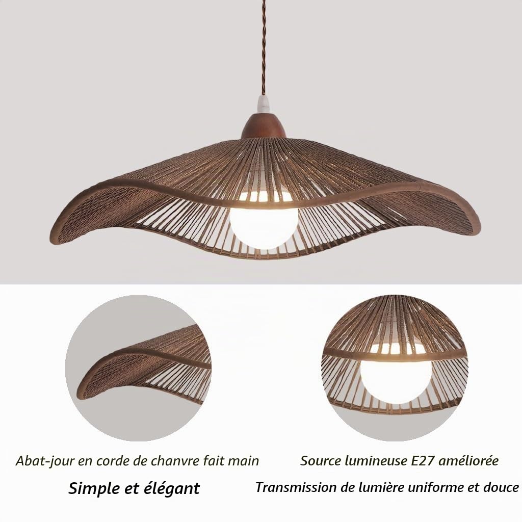 JOJOM Lampe tissée à la main Marron de Noyer Lustre au look bohème Corde de Chanvre suspension luminaire Hauteur Réglable Pour salon cuisine chambre Restaurant Salon de thé(A42)