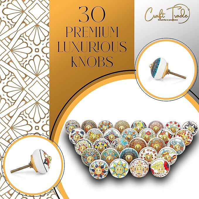 Image of Craft Trade Mandala Multi Ceramic Knobs (Pack of 30) Multicolor Handpainted Pull Handles for Kitchen Cabinets Wardrobes Dresser Drawers Cupboards Decorative Vintage Furniture Hardware
