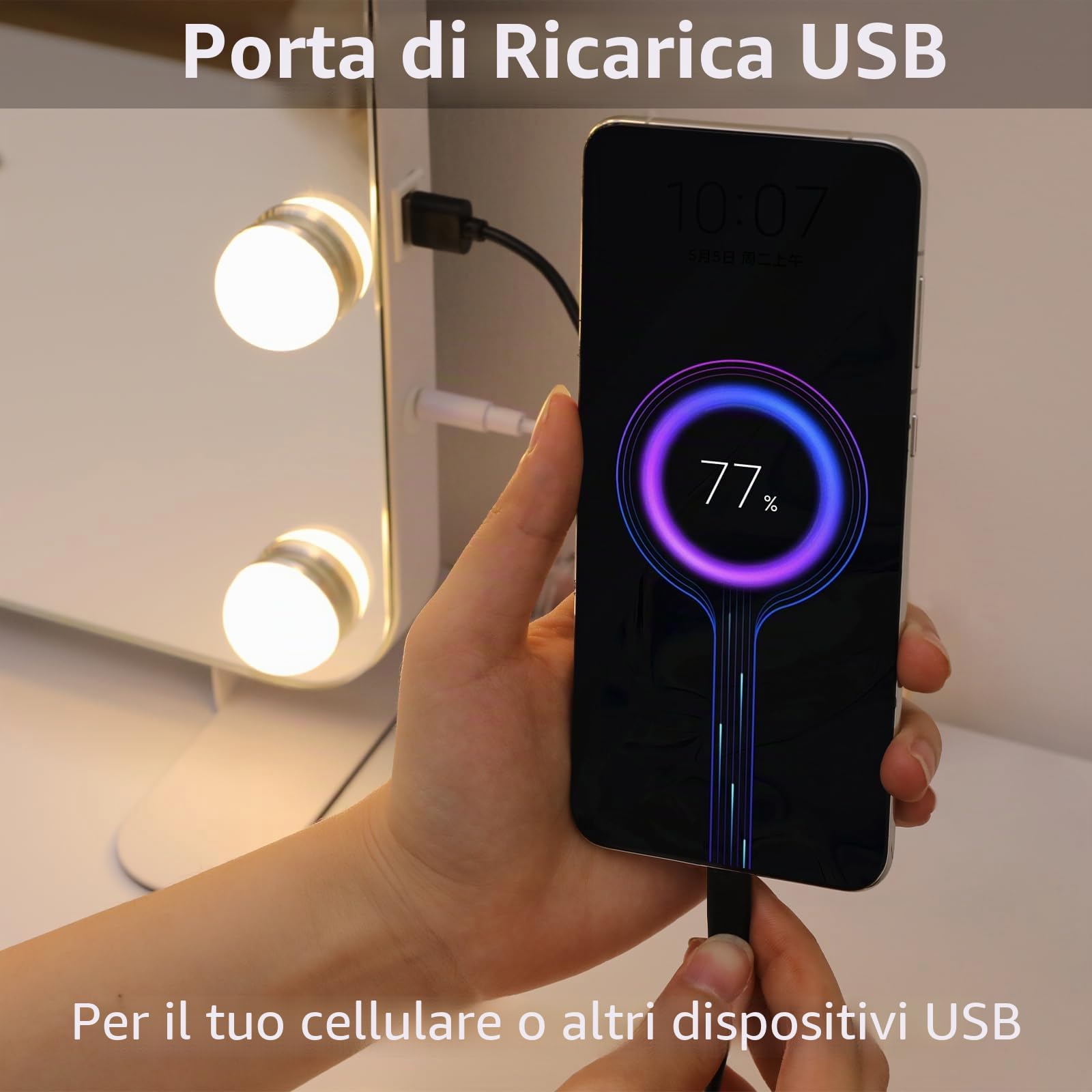 Clevich Hollywood Specchio Trucco con Luci, 58 x 46 cm Specchio con 15 Luci LED, 3 modalità Luce e controllo touch, porta USB, Specchi da parete o da tavolo (Bianco)