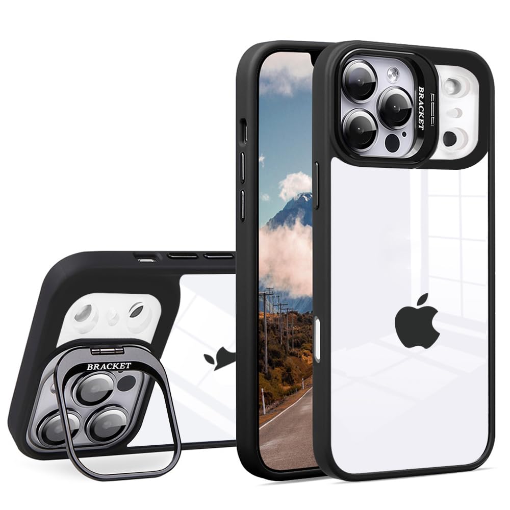 JOOBOY スマホケース 対応 iPhone 17 Pro クリアケース 透明 レンズスタンド付き スタンド機能 レンズカバー付き PC背面+TPUバンパー おしゃれ 耐衝撃 ストラップホール付き アイフォン17プロ 携帯電話ケース (ブラック, 17 Pro)