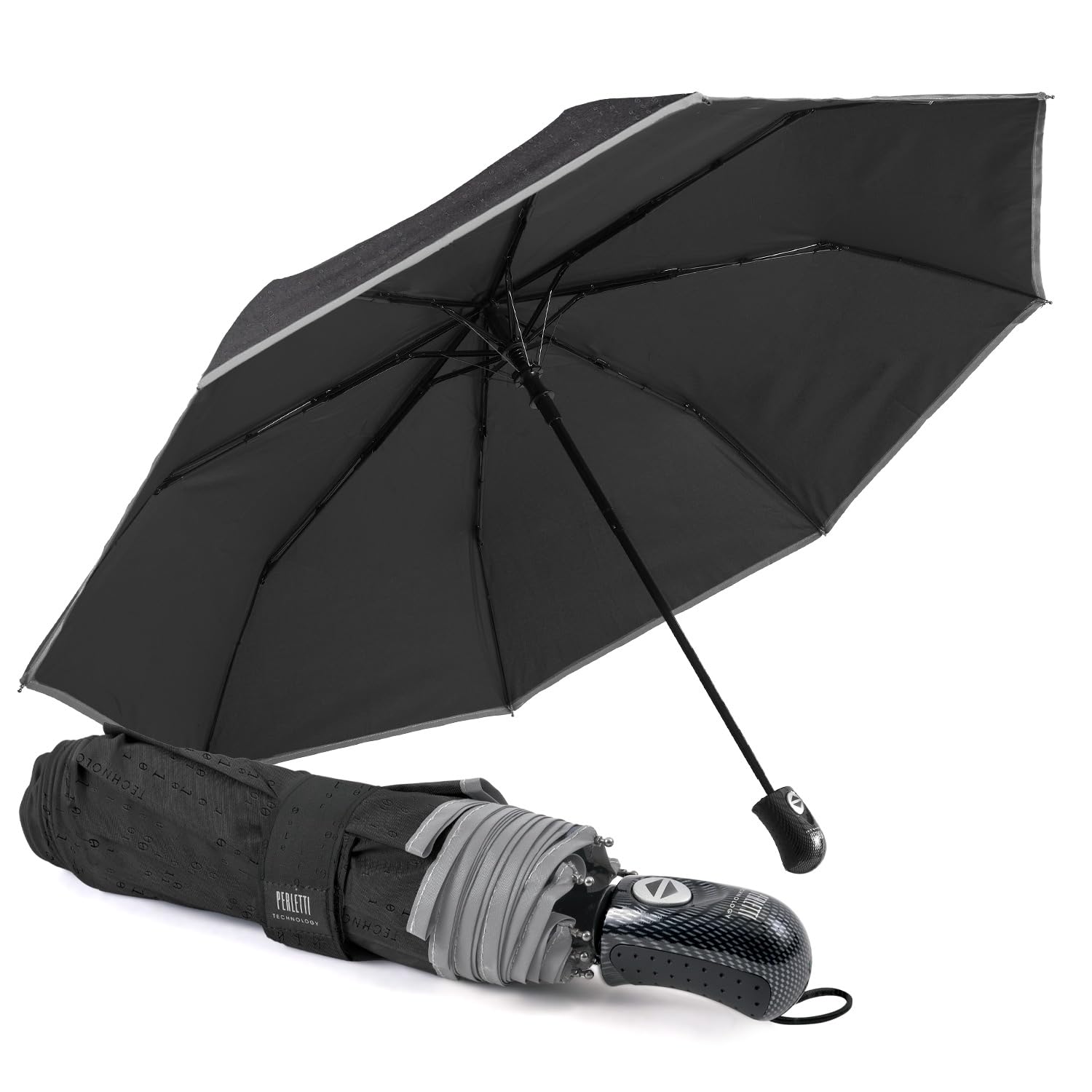 PERLETTI Ombrello Uomo Pieghevole Apri Chiudi Automatico - Tessuto Microfibra con Bordino Riflettente di Sicurezza - Ombrello Antivento Resistente - Manico Finitura Carbonio Sportivo