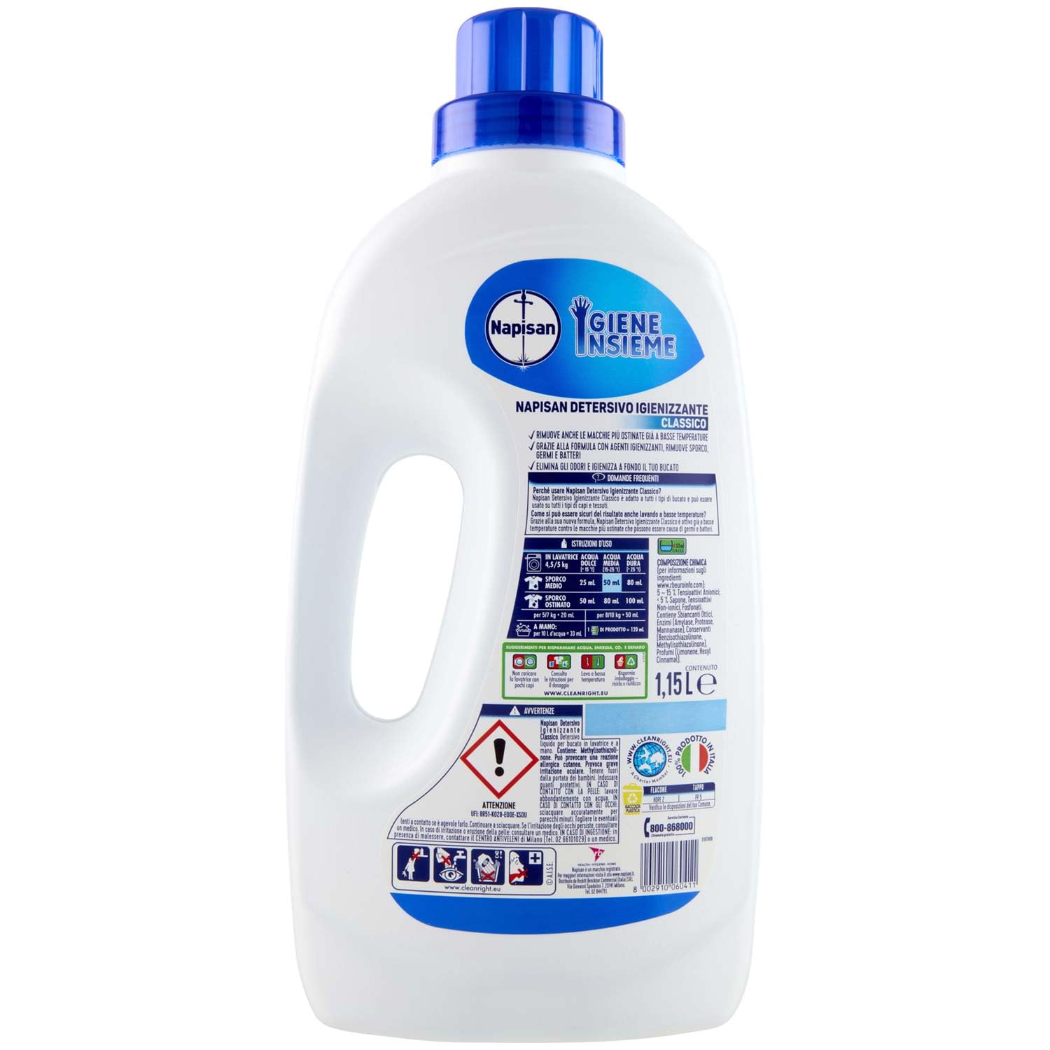Napisan Detersivo Lavatrice Liquido, Detersivo Igienizzante, Classico 3x azione, Lavaggi, Nessun Colore, 1.15 l, Senza Profumazione. da 23 lavaggi
