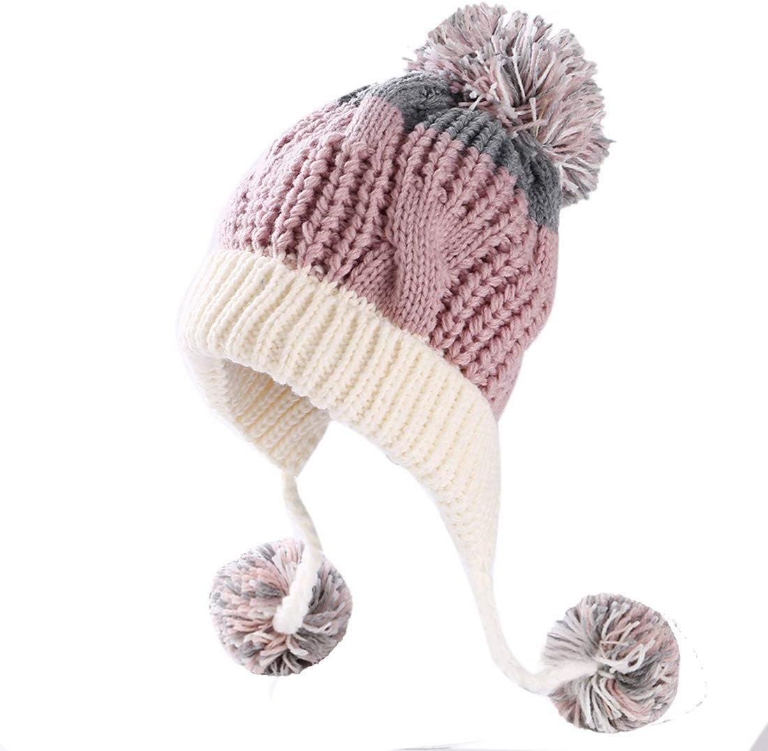 Women Winter Peruvian Cover Ears Beanie Hat Ear Flaps Sherpa Ski Snow Hats Knit Fleece Lined 3 Pom Pom