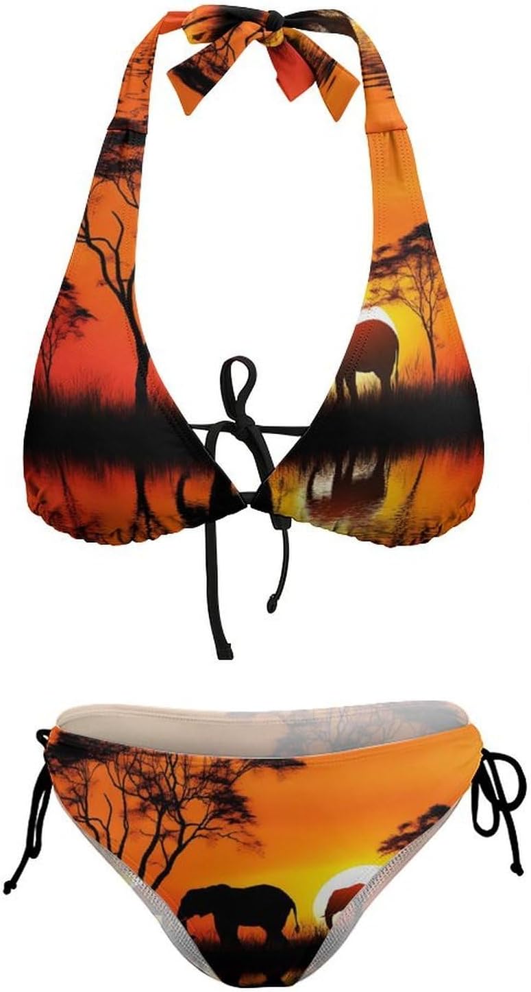 African Elephants in Sunset Novelty Women's 2 Piece String Bikini Set Swimsuits Bathing Suit Swimwear