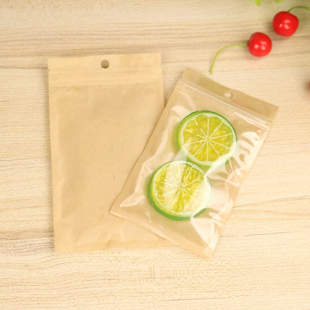 Bolsas ziploc, 100 Uds. Bolsas con Cierre Frontal de plástico Transparente tamaño pequeño Papel Kraft marrón resellable Poly(24x37cm (9.4x14.6 Inch))
