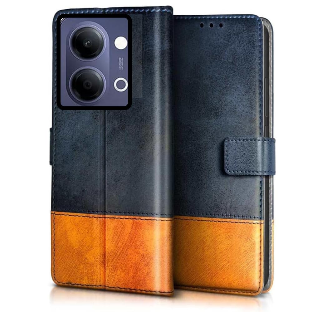 Leather Flip Case Cover Compatible with Back case Cover for Vivo Y11 5G |Dual Colour| Hand-Stitched Leather Finish| Lightweight| Inbuilt Card Pockets|(Blue with Mango)