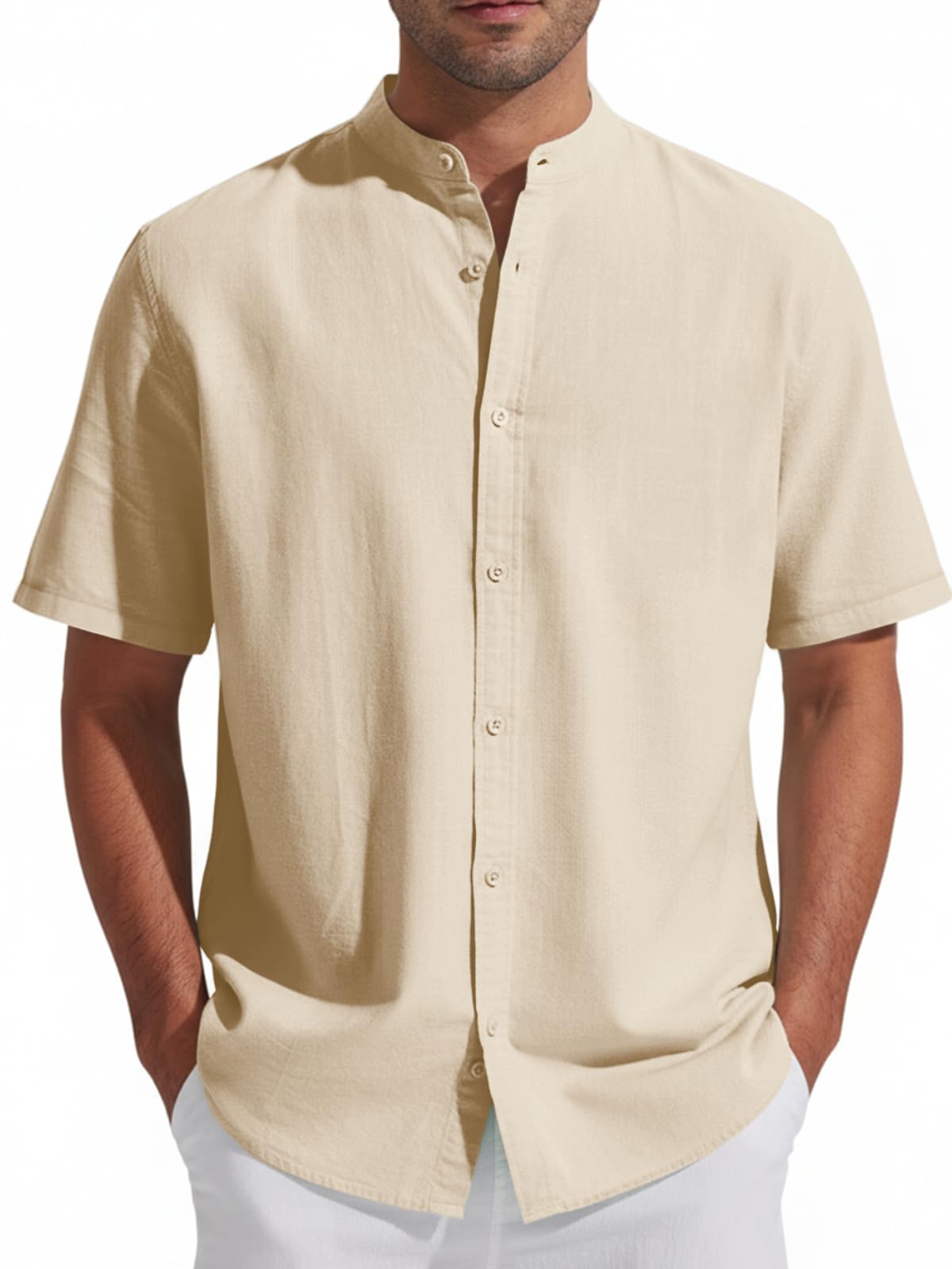 Friptspyg Leinenhemd Herren Kurzarm Baumwolle Leinen Hemd Freizeit Sommerhemd Button-Down Strandhemd