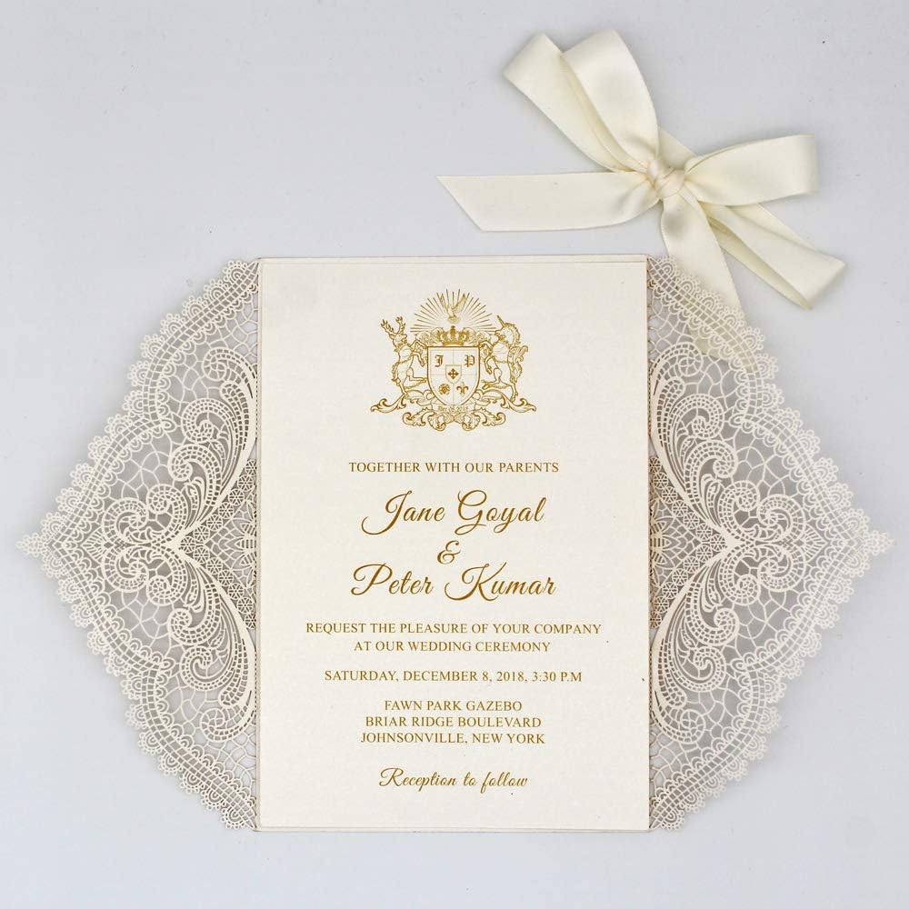 25-Pack Ivory Laser Cut Lace Wedding Invitations with RSVP Cards and Ribbon Bow, Elegant Invitation Set for Wedding/Bridal Shower/Birthday Party, 128 x 185mm (25 Invitations + 25 RSVP)