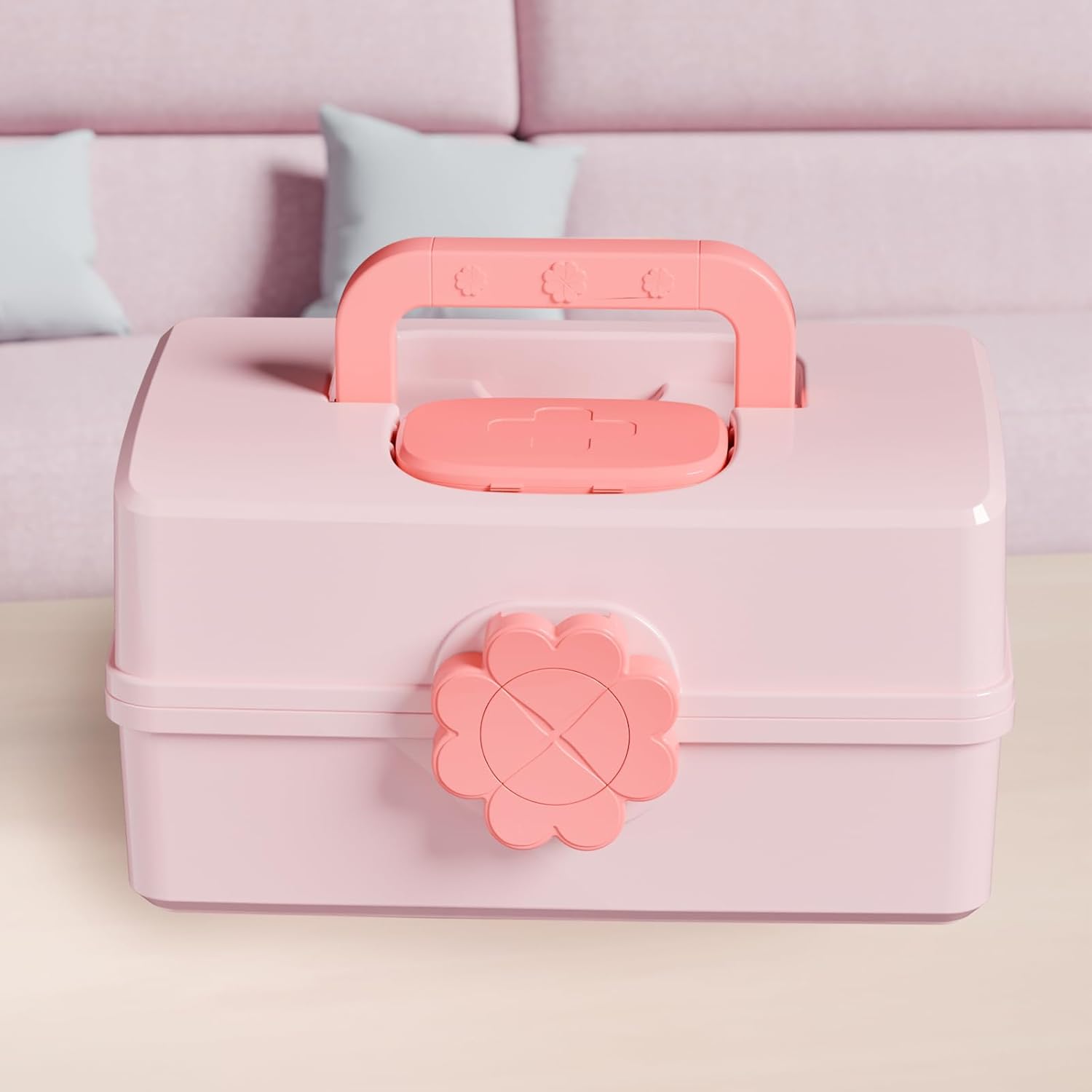 Covetree Hair Accessories Organizer with Handle sewing organizer，Lockable Three-Layer Multipurpose Art Supplies Storage Box and Storage Plastic Jewelry Box (pink)