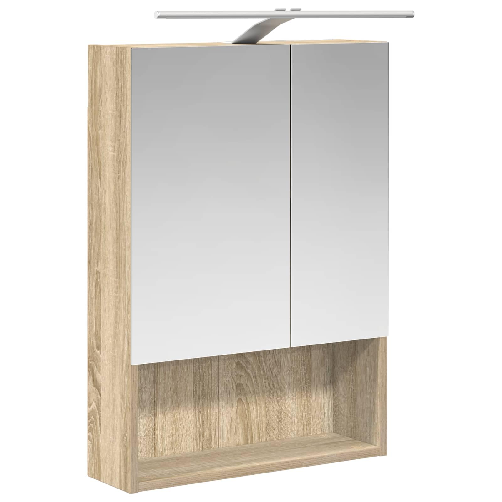 Szafka łazienkowa z lustrem Sonoma z drzwiami, 50 x 14,5 x 70 cm, materiał drewnopochodny, montowana na ścianie, z paskami LED, dwa regały, miejsce do przechowywania i dwukierunkowe lustro do