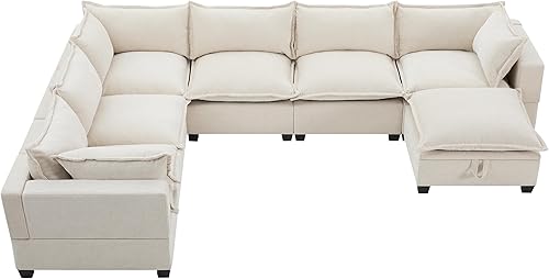 Miniatura 3 de Merax Modern U-Shaped Modular Couch Set with Storage Ottoman, Chenille 7-Seat Sectional Sofa Sleeper Bed with Wide Seat for Living Room, Free