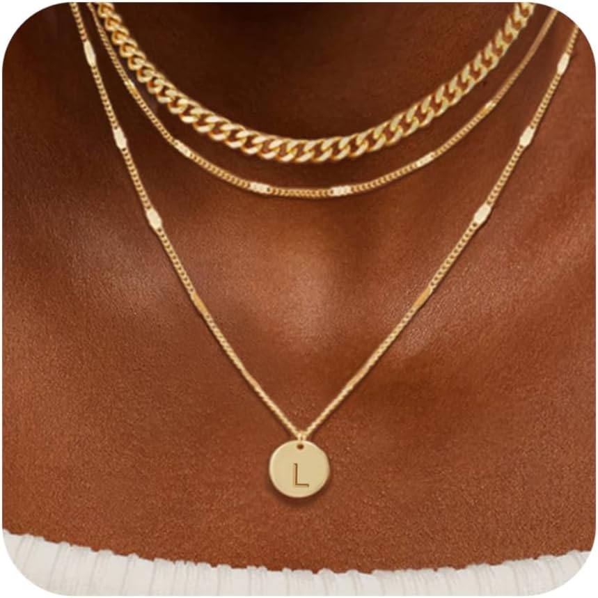 Initial Necklaces for Women Trendy, 14K Gold Plated Letter Necklace Stack Round Coin Disc Pendant Layered Choker Cuban Chain A-Z Gold Necklace Personalized Jewelry Gift Sets for Women