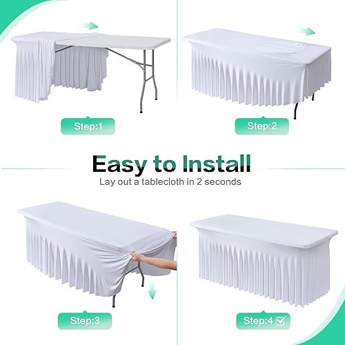 Miniatura 6 de Mantel de elastano blanco de 6 pies para mesas rectangulares de 6 pies, paquete de 2 manteles elásticos sin arrugas para fiestas, bodas, cumpleaños,