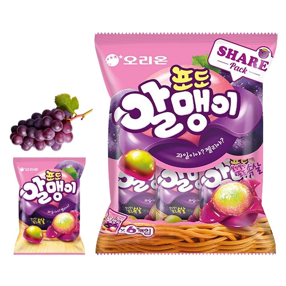 Korean Fruit Jelly Candy – Assorted Chewy Gummy Snacks – 5 Fruity Flavors (Grape, Plum, Lychee, Kiwi, Mango) – Individually Wrapped – Perfect for Kids & Adults – 알맹이젤리 (Grape–1.26oz(36g) × 6pack)