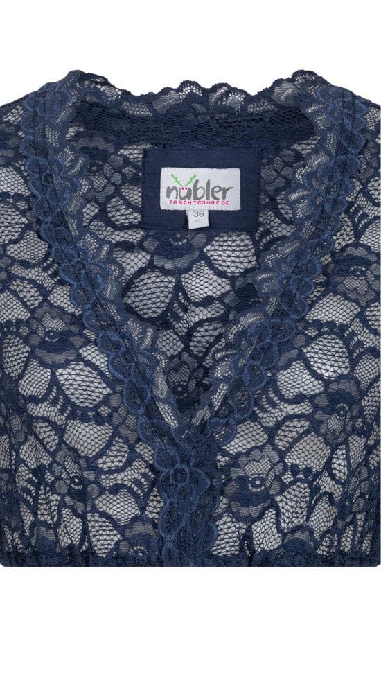 Nübler Dirndlbluse Damen - Kurzarm Trachtenbluse Damen mit Spitze und V-Ausschnitt im Landhaus Stil - Moderne bayrische Tracht, Dirndl Bluse Laura Blau