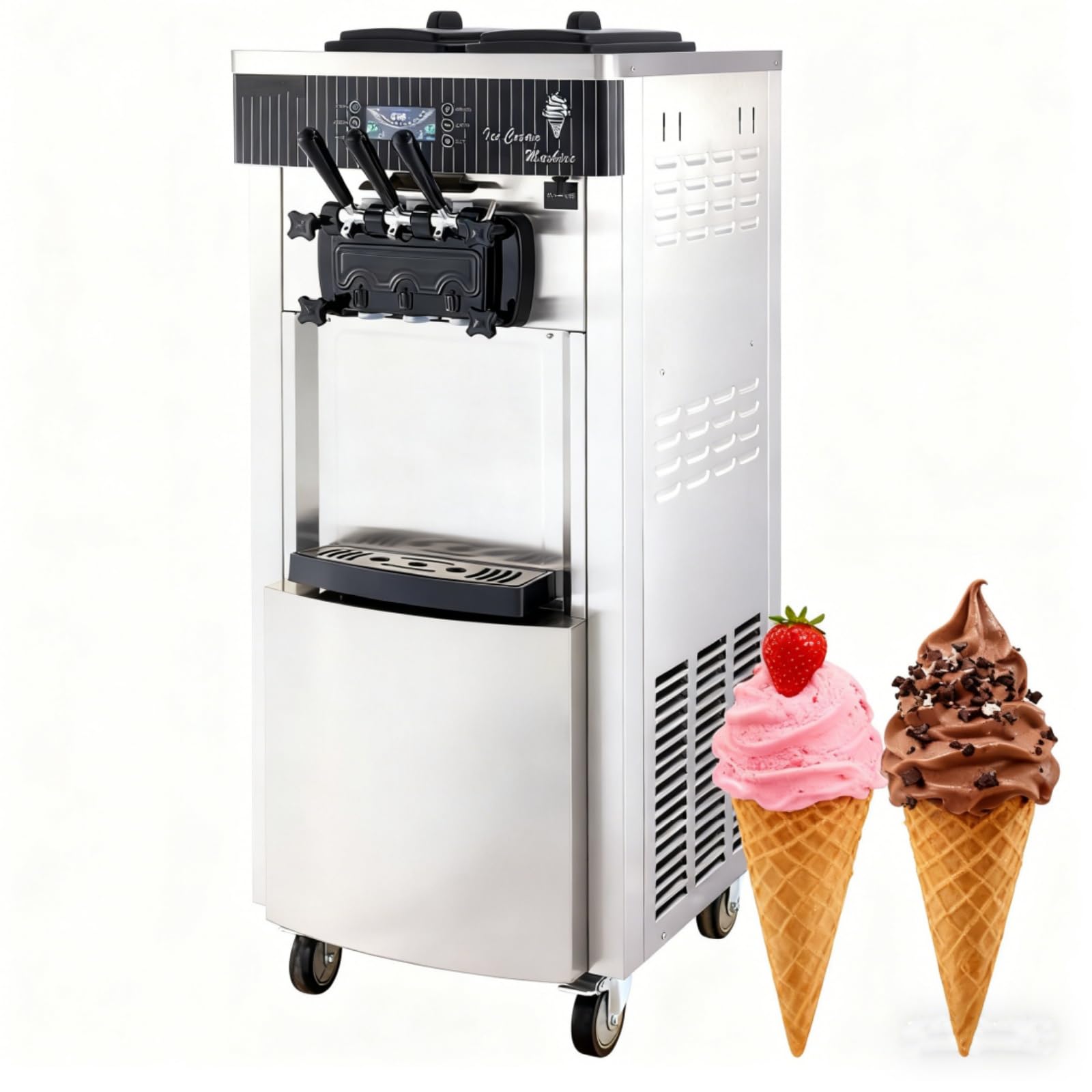 2200W Máquina de Helados Suave Profesional, 20-28L/H, 3 Sabores, Máquina Vertical para Helado y Yogur Helado Comercial