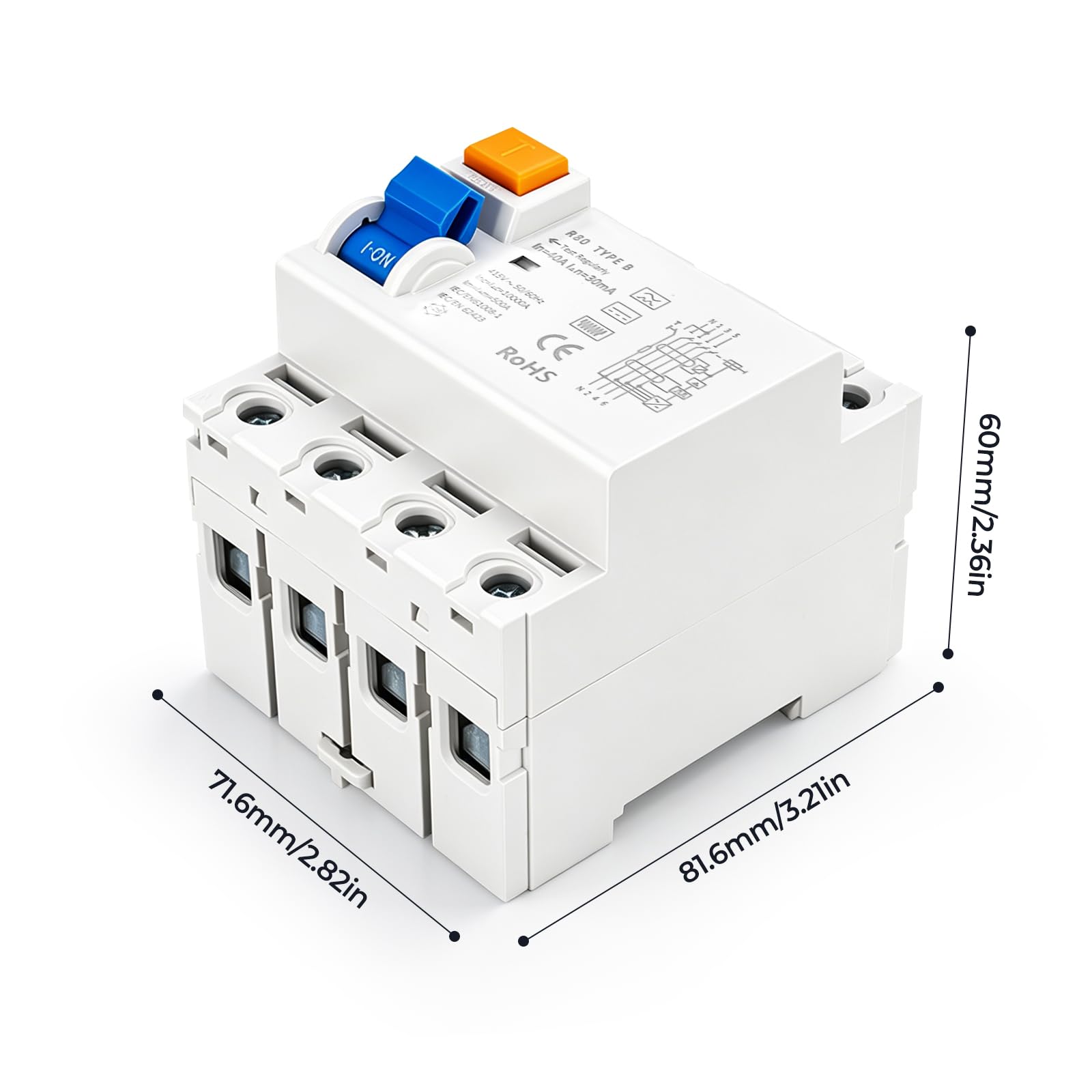 Wyłącznik FI 40A 30mA 4-biegunowy Typ B, wrażliwy na wszystkie prądy RCD Wyłącznik nadprądowy dla fotowoltaiki, Wallbox i falowników, 400V Elektromagnetyczny RCD (R80-4P-40A)