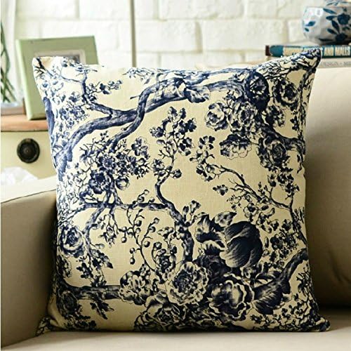 Funda de almohada de lino de mezcla de algodón con estampado azul antiguo chino para sofá, funda de cojín decorativa (24 x 24 pulgadas, color árbol)