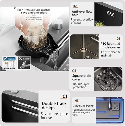 Miniatura 5 de VOYOCUGE Nano 304 fregadero de cocina de acero inoxidable con diseño de cascada, pantalla digital y accesorios (color gris pistola) (29.5 x 18 x 8.7